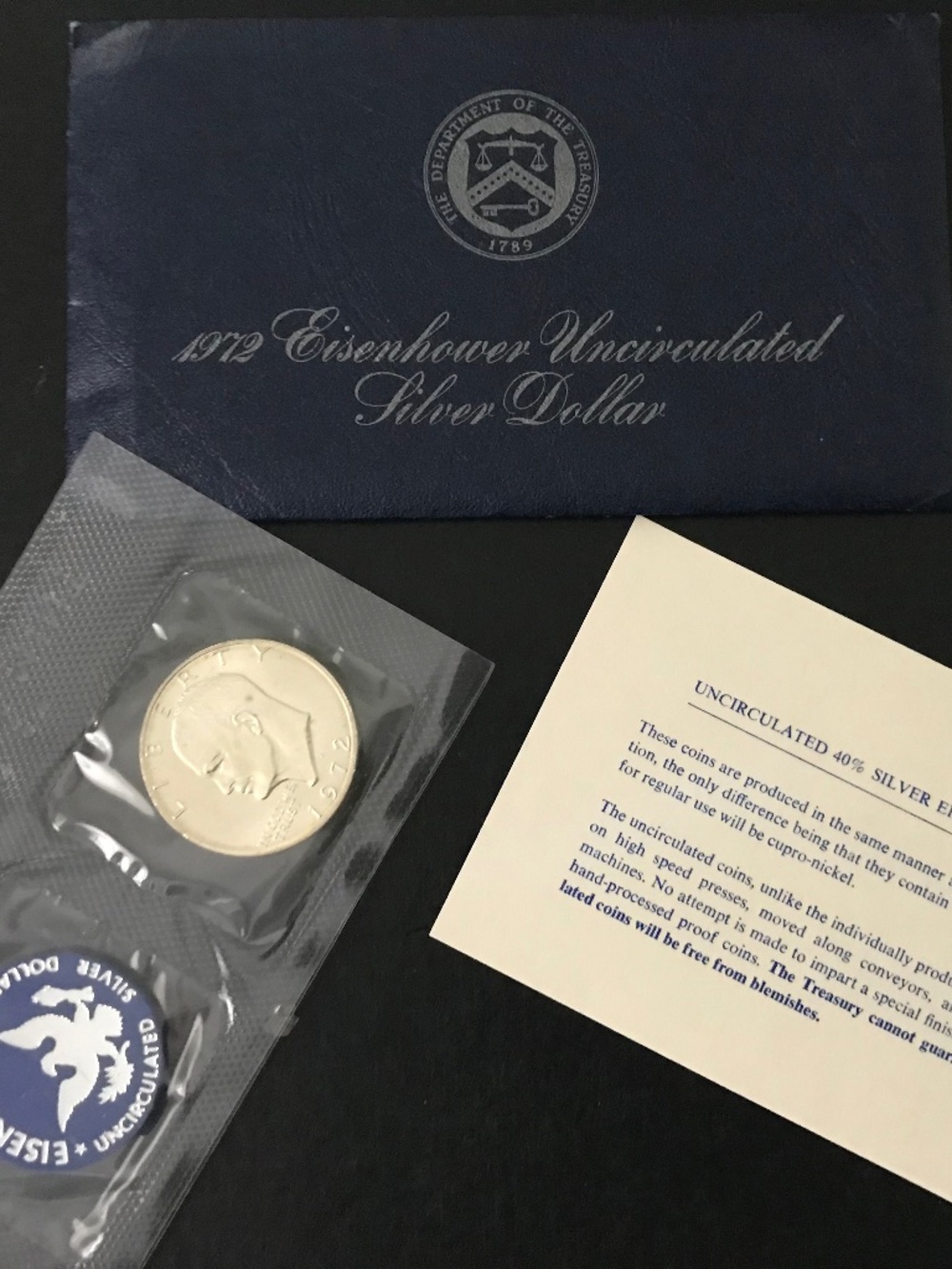 1972 S Eisenhower Silver Dollar US Mint Uncirculated 40% Blue Envelope & Chip